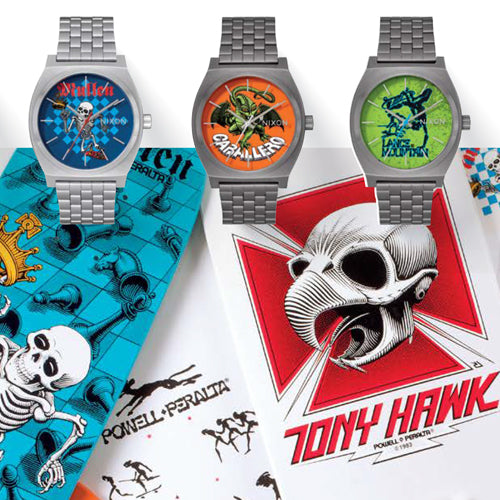 Three Nixon watches with custom faces featuring skateboard graphics, displayed with skateboard decks from Powell-Peralta's Bones Brigade.