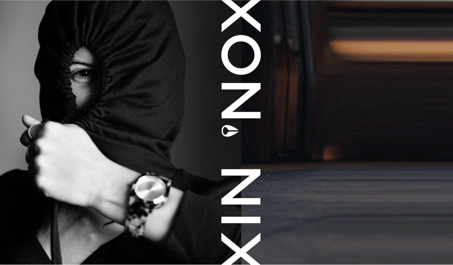 A person wearing a hooded sweatshirt and a watch pulls the hood over their face, revealing only one eye, with the word "XONIX" written vertically next to them.