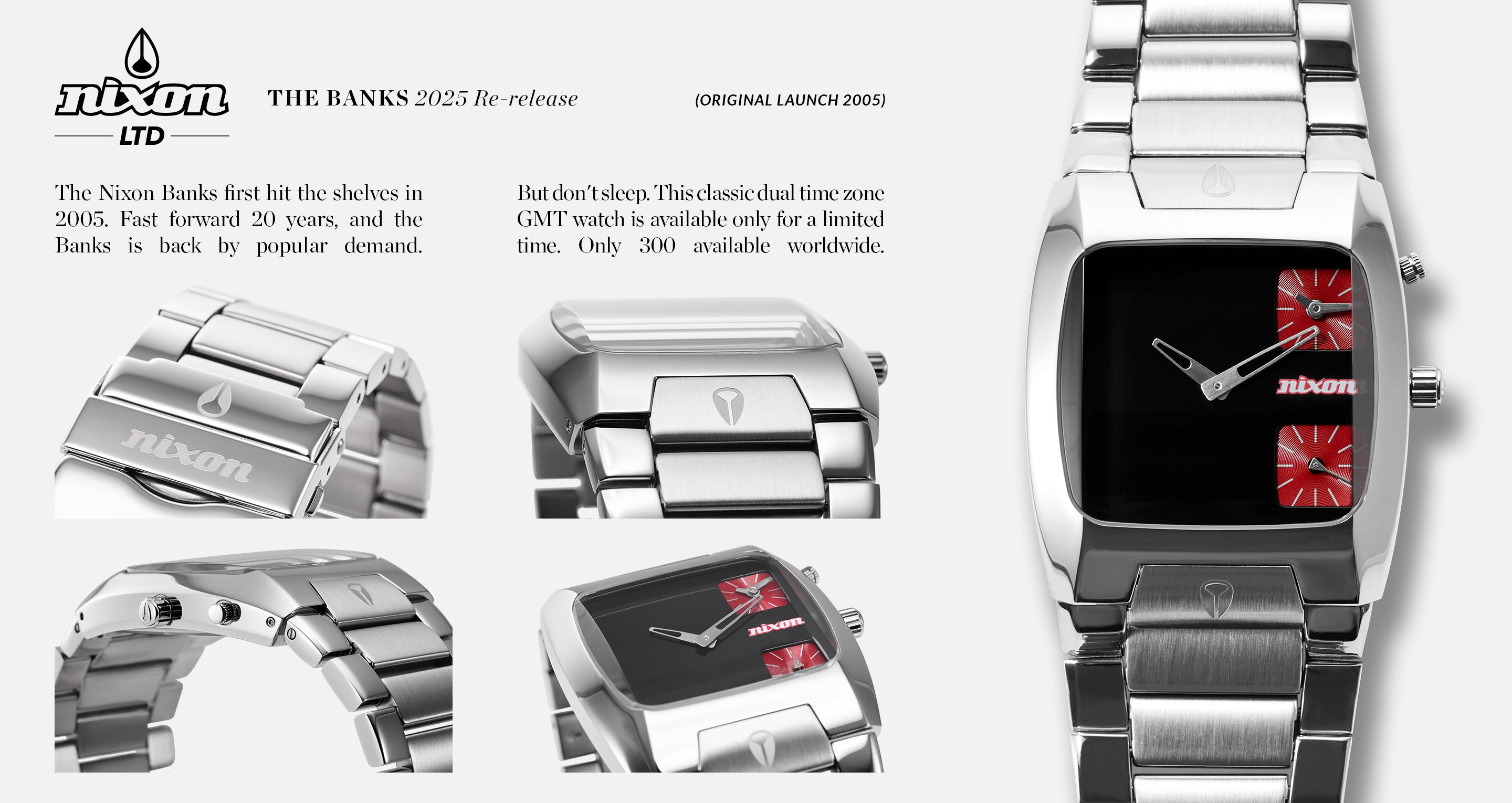 A Nixon Banks 2025 Re-release GMT watch with a black face, two red sub-dials, and a stainless steel band is displayed with close-up views.