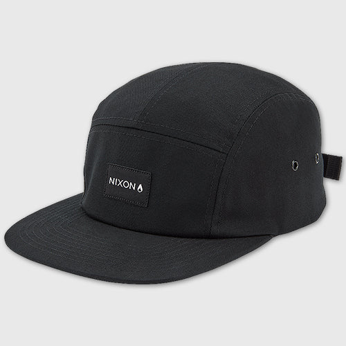 A black five-panel cap with a white "NIXON" logo patch on the front.