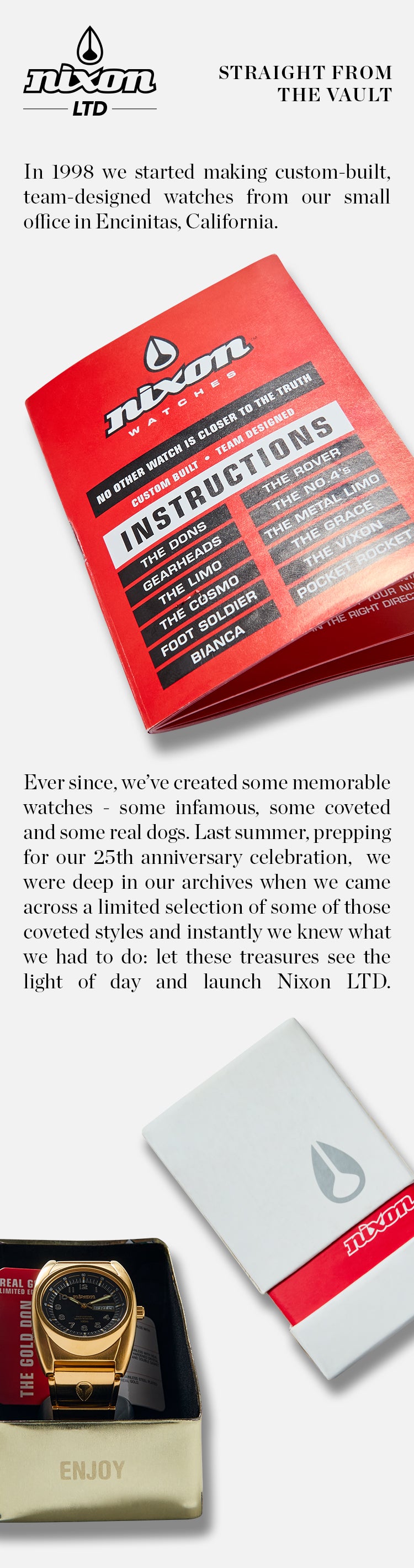 Nixon LTD landing page mockup showing logo, company history, watch instruction booklet, and a gold watch in a box.