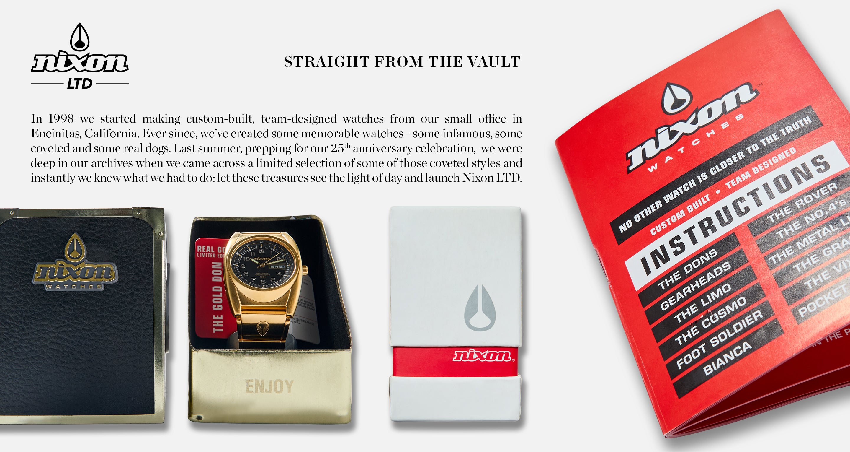 Nixon LTD landing page mockup featuring a gold watch, watch boxes, and an instruction booklet.