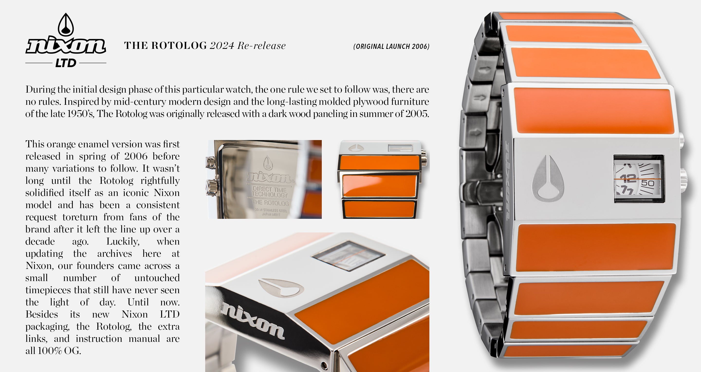 Nixon Rotolog 2024 re-release watch with orange enamel and silver-tone band.