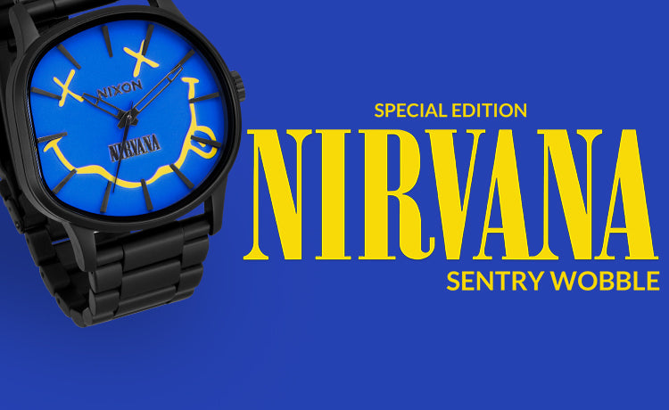 Promotional website image for the Nixon and Nirvana Blue Sentry Wobble.
