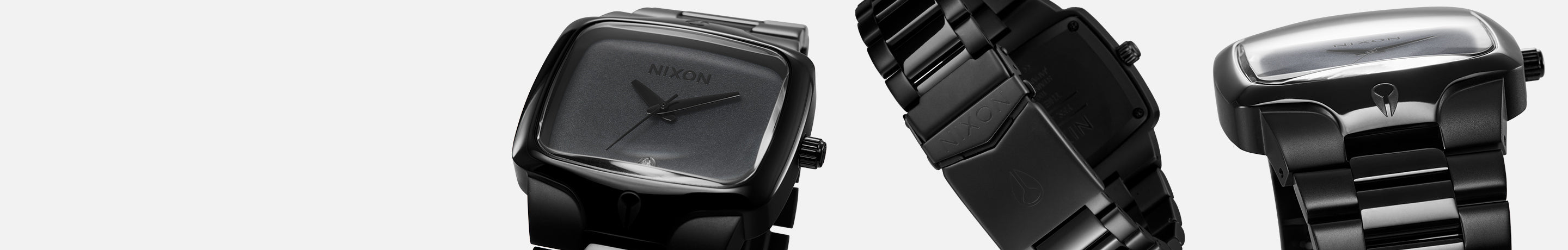 A black Nixon watch with a square face and metal band is displayed from multiple angles.