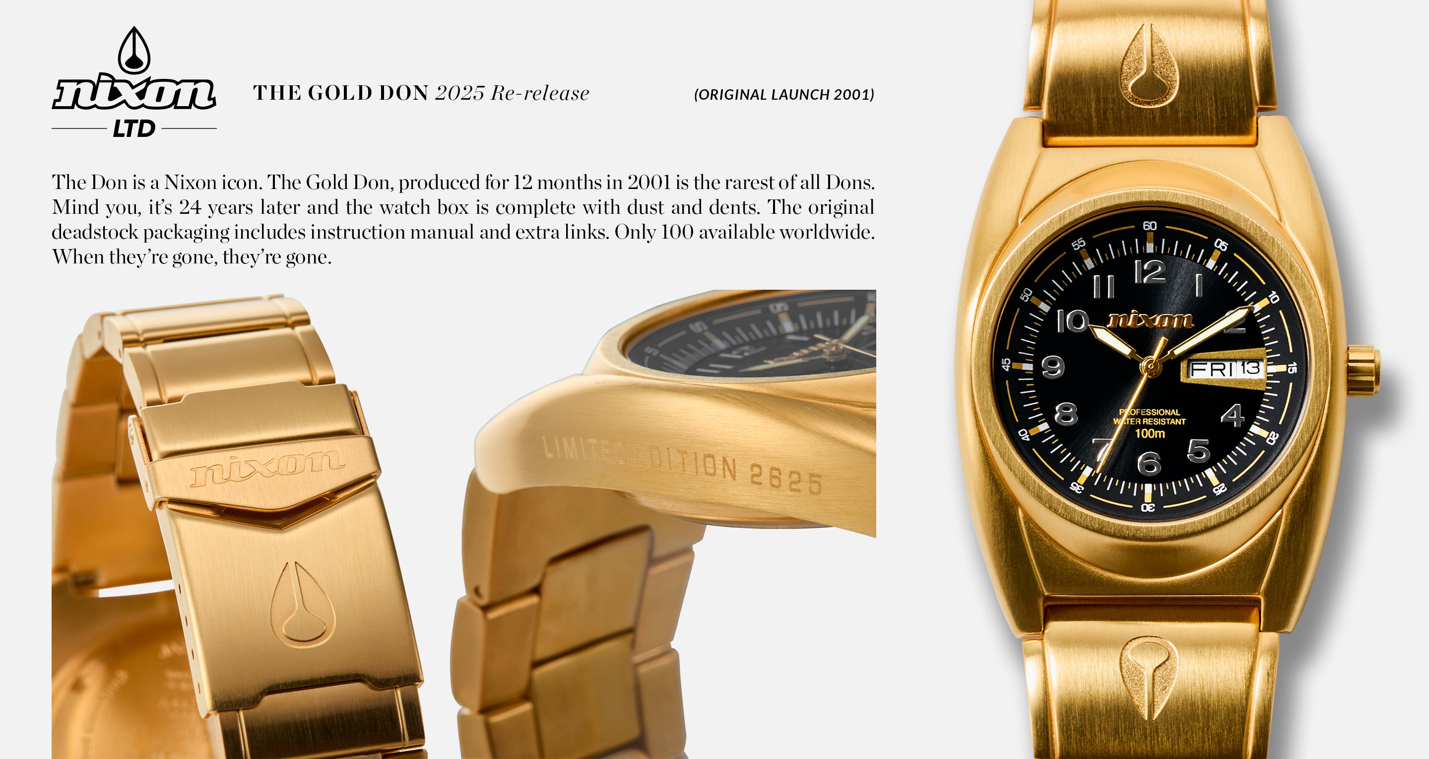 A close-up of a gold Nixon "The Gold Don" 2025 Re-release watch with a black face and gold accents.
