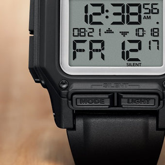 Detail shot of the Nixon Regulus digital watch.