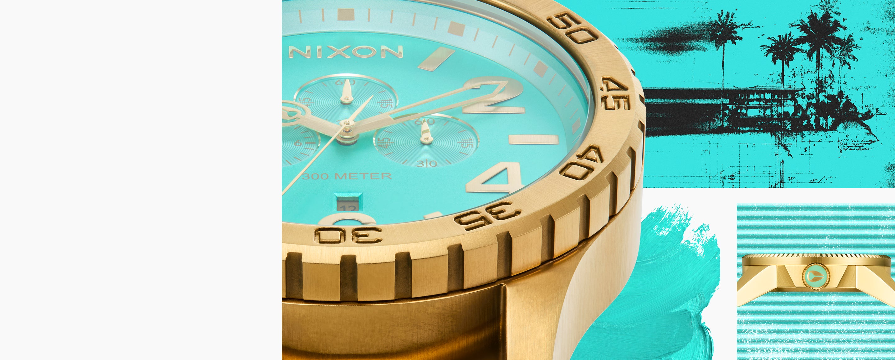 Gold Nixon watch with turquoise face on a colorful background