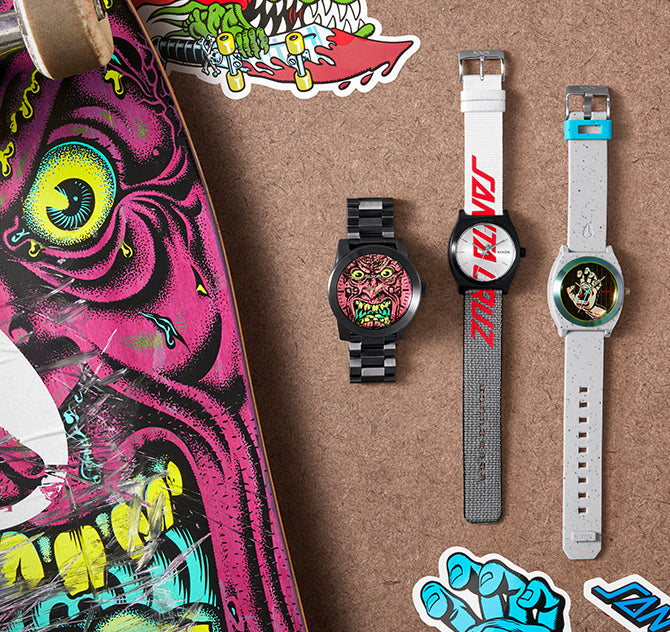 Nixon x Santa Cruz watches on Santa Cruz skateboard deck